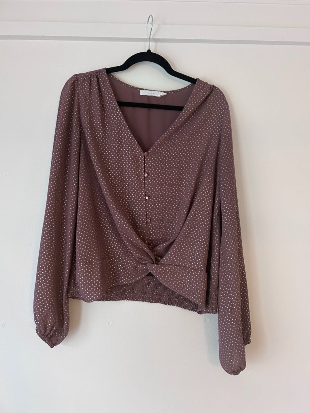 LUSH Women’s XL Mauve Geometric Twist Front V Neck Long Sleeve Blouse
